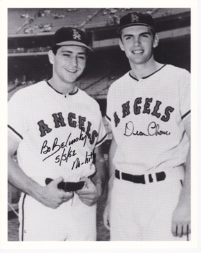 Bo Belinsky and Dean Chance Autographed Los Angeles Angels 8x10 Photo - Deceased - with "5/5/62 No Hitter" inscription

