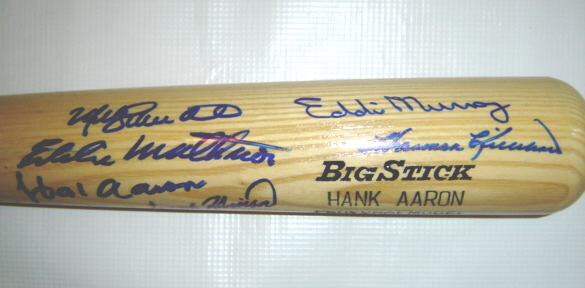500 Home Run Club Signed Bats (10 Signatures)
This Hank Aaron Adirondack Big Stick Hank Aaron model has been signed by the following 500 Home Run Club Members (also Hall of Famers):  Hank Aaron, Ernie Banks, Reggie Jackson, Harmon Killebrew, Eddie Mathews (deceased), Willie Mays, Willie McCovey, Eddie Murray, Frank Robinson, and Mike Schmidt.  This item comes with a Certificate of Authenticity (COA) from The Real Deal Memorabilia and includes our matching holograms.

Keywords: 500HRBat