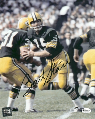Bart Starr Autographed Green Bay Packers 8x10 Action Photo
Bart Starr has personally hand signed this 8x10 Photo with a Black sharpie pen.   This item comes with a numbered Online Authentics.com authenticity sticker on the autographed photo, which you can verify online once you purchase it at Online Authentics.com, which is one of the top third party authenticators in the memorabilia industry.  This item also comes with a REAL DEAL Memorabilia Certificate of Authenticity (COA).  Get The REAL DEAL.

Keywords: BS8x10action