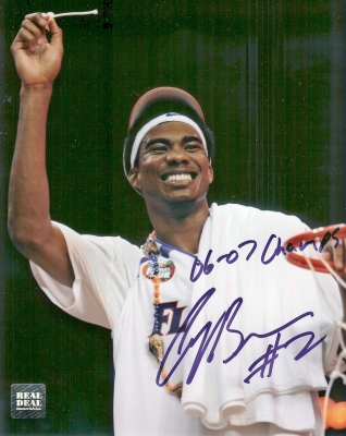Corey Brewer Autographed Florida Gators 8x10 Photo with "06-07 Champs" inscription "Net"
Most Outstanding Player of the 2007 NCAA Final Four tournament and future 1st round draft pick, Corey Brewer, has personally hand signed this National Championship 8x10 photo with a Blue sharpie pen.  Corey was nice enough to add his "06-07 CHAMPS" inscription by his signature. The item was signed on May 2, 2007, in Gainesville, Fl.  This item comes with The REAL DEAL Memorabilia deluxe Authenticity, you will receive 1. a Large photo of Corey signing your type of item, 2. a detailed Certificate of Authenticity, and 3. Matching REAL DEAL Authenticity Holograms on all items.
Keywords: CB8x10Net
