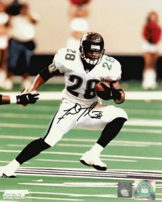 Fred Taylor Autographed Jaguars 8x10 Action Photo
Running Back Fred Taylor was taken by the Jacksonville Jaguars in the 1st round of the 1998 draft.  Since then, Fred has gone on to set every Jaguars record possible.   Fred has hand-signed this Jaguars action 8x10 Photo.  This product comes complete with a Certificate of Authenticity from The REAL DEAL Memorabilia, Inc.  Accompanied by a photo of Fred at the signing and Fred's Exclusive Authenticity Hologram on the item!  Fred had an exclusive memorabilia contract with The REAL DEAL Memorabilia, so get the REAL DEAL!

Keywords: FT8x10Action