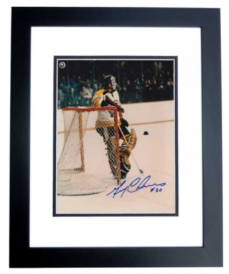 Gerry Cheevers Autographed Boston Bruins 8x10 Photo BLACK CUSTOM FRAME
