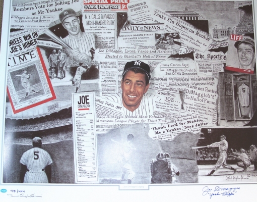 Joe Dimaggio Autographed New York Yankees 26x32 Lithograph with "YANKEE CLIPPER" Inscription
Joe Dimaggio has personally hand signed this 26x32 inch Lithograph with a blue sharpie pen.  Joe was nice enough to add his "YANKEE CLIPPER" inscription below his autograph.  Perfect Signature, no smears or smudges.  This piece is hand numbered out of 444.  This HUGE lithograph comes with matching numbered authenticity sticker on the poster and a Full page letter Certificate of Authenticity from Yankee Clipper Enterprises, which Dimaggio owned until his death, and Joe's longtime friend/ Lawyer who handled the Joe Dimaggio Estate.  This fine item is brought to you by The REAL DEAL Memorabilia, Inc., get THE REAL DEAL!

Keywords: JDLithoClipper