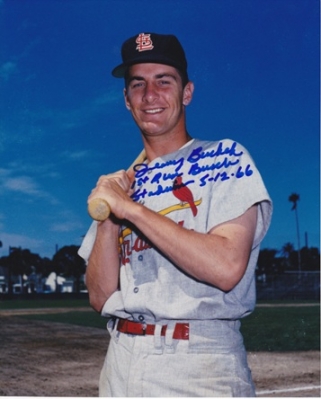 Jerry Buchek Autographed St. Louis Cardinals 8x10 Photo with "1st Run at Busch Stadium 5-12-66" inscription

