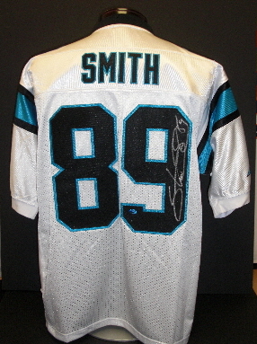 Steve Smith Autographed Carolina Panthers Authentic White Jersey ~ Steve Smith Authenticity
Steve Smith has personally hand signed this Panthers AUTHENTIC Black Reebok Jersey, with a Silver Paint Pen. This is the same quality of jersey the players wear on Sundays!  The autographed jersey comes with The official Steve Smith Authenticity hologram on it and a Certificate of Authenticity (COA) from Steve Smith's exclusive memorabilia company.  This fine item is brought to you by The REAL DEAL Memorabilia, Inc. Get THE REAL DEAL!
Keywords: SSAJWhite