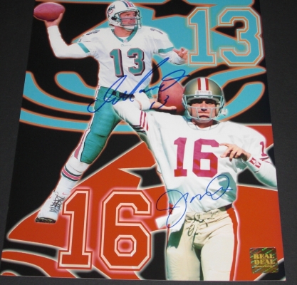 Dan Marino and Joe Montana DUAL Autographed 8x10 Photo ~ Miami Dolphins ~ San Francisco 49ers
Dan Marino AND Joe Montana have personally hand signed this 8x10 Photo with Blue sharpie pens.  This item comes with a REAL DEAL Memorabilia Certificate of Authenticity (COA) and a Real Deal Hologram on the Photo.  Get The REAL DEAL!

Keywords: DMJM8x10